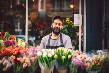 Portrait of smiling man selling flowers on local flower market