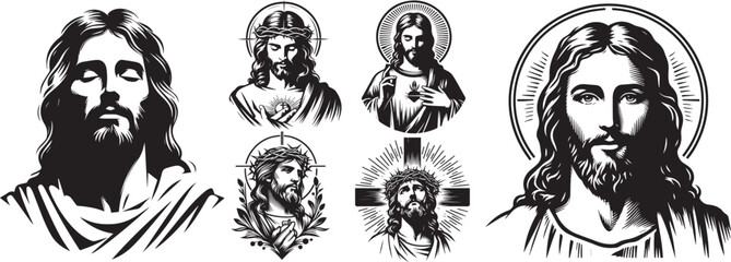 Collection of portraits of Jesus Christ the savior, ornate religious vector graphics without color - obrazy, fototapety, plakaty
