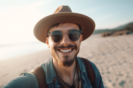 Happy man with hat and sunglasses taking selfie picture with smartphone at the beach - Cheerful traveler having fun outside - Handsome guy smiling at camera.