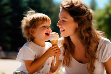 Young mom and son enjoying their summer holidays and eating ice cream