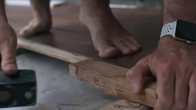 Handheld close up shot of unrecognizable barefoot handyman joining wooden floorboards with hammer while doing house renovation
