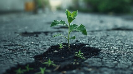 Plant sprout growing from crack in asphalt road. Nature concept - obrazy, fototapety, plakaty