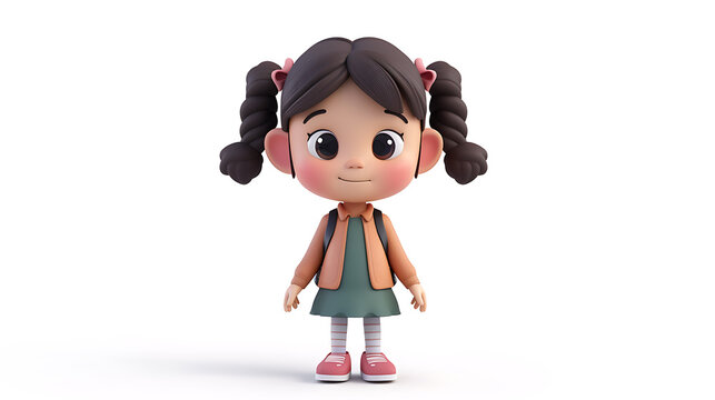 A delightful 3D rendered cartoon character of a cute girl, radiating charm and innocence, set against a crisp white background. This adorable character is perfect for adding a touch of whims