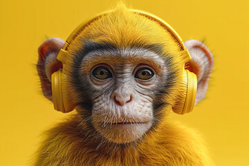 adorable monkey with headphones, on yellow background - obrazy, fototapety, plakaty