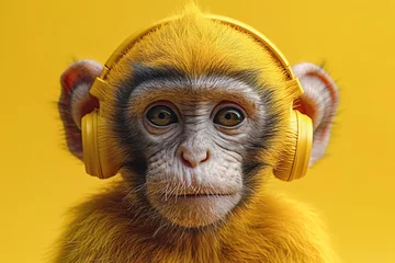 Poster adorable monkey with headphones, on yellow background © 23_stockphotography