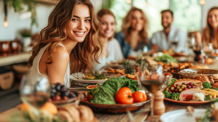 Fototapeta na wymiar radiant young woman with a beautiful smile enjoys a meal with friends at a table full of various foods, feeling happy and relaxed