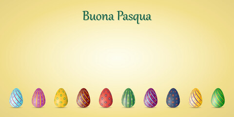 Happy Easter postcard or greeting card in Italian language, with traditional Easter symbols, painted eggs and text Buona Pasqua, vector image, illustration, , copy space.