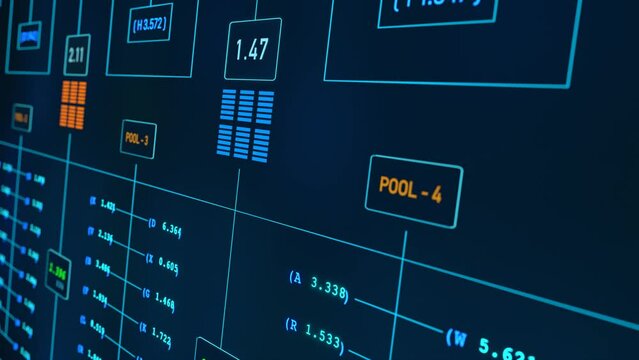 Node tree, switchboard. Digital switch board with signal lights. Industry, data, blocks, switches, connections, technology. Control center concept.