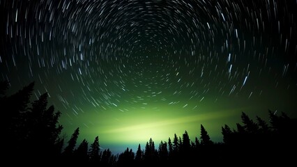 Star trails effect on the night sky above a dark forest focusing on the north-star known as...