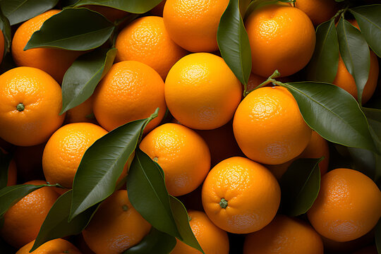 fresh orange fruits with leaves as background, top view