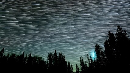 Star trails or comet effect on a star filled sky above a silhouetted forest. Also includes a very bright meteor flashing through the sky.
