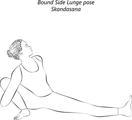 Sketch of woman doing yoga Skandasana. Bound Side Lunge pose. Intermediate Difficulty. Isolated vector illustration.