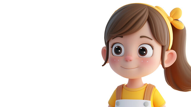 A delightful 3D rendered cartoon character of a cute child girl, with rosy cheeks and big expressive eyes, captured in an endearing pose. This adorable character is perfect for adding charm