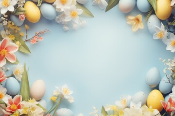 easter eggs on soft blue and yellow backgrounds, surrounded by flowers -top view with space for text