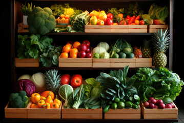 Big choice of fresh fruits and vegetables on market counter