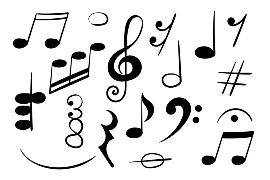 Set of music note and symbols doodle. treble clef, sharp. Collection of hand drawn illustrations. For web, design, stickers