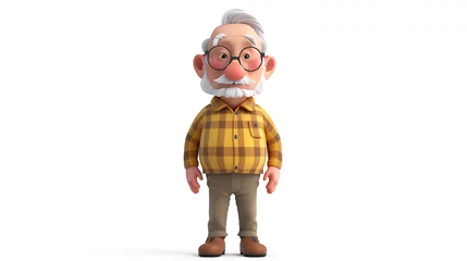 Fotobehang A lovable, 3D rendered senior man cartoon character smiling warmly and dressed in stylish attire. This cute character is perfect for a wide range of projects and adds a touch of charm and re © Nijat