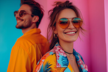 A woman in the foreground and a man in the background, white, young and smiling, dressed in colourful clothes and wearing sunglasses. pink and blue background.