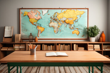 Educational graphic table and a world map on the wall. Back to school