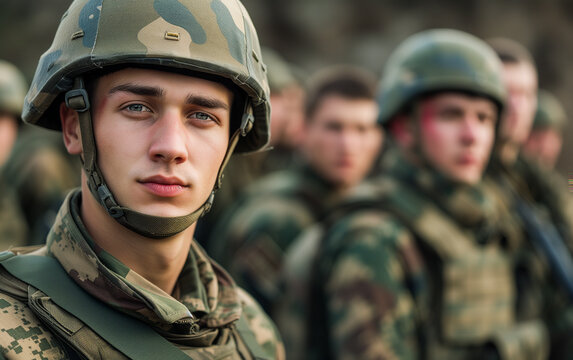 Portrait of a male soldier in military uniform with a helmet against the background other soldiers standing in the background.