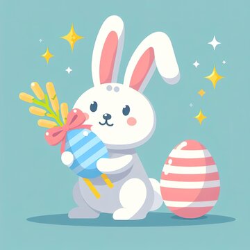 flat illustration symbol of Easter holiday, cute bunny with colored painted eggs on a colored background