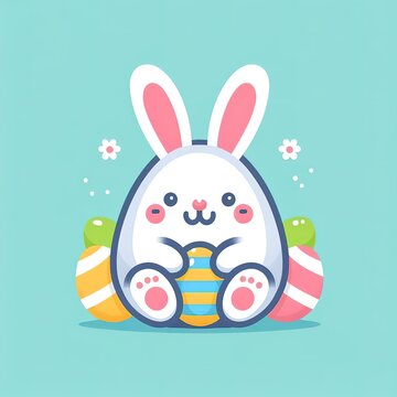 flat illustration symbol of Easter holiday, cute bunny with colored painted eggs on a colored background