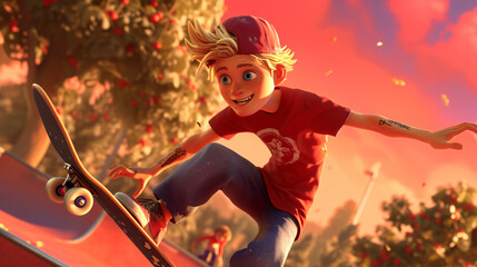 Teen skateboarder with spiky blonde hair and blue eyes effortlessly executes a jaw-dropping trick in a vibrant park scene, capturing the exhilarating energy of youth and the spirit of skateb