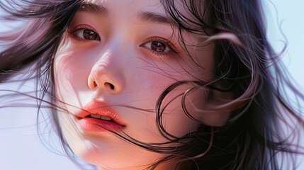 a beautiful Asian woman with her hair blowing, in the style of snapshot aesthetic, hyper-realistic portraits  