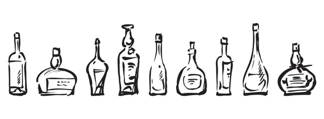 Contour hand drawings of set different wine bottles, vector sketches isolated on white - obrazy, fototapety, plakaty