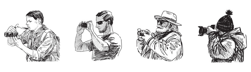 Sketches of profiles different people taking photo on camera and smartphone,vector hand drawing isolated on white