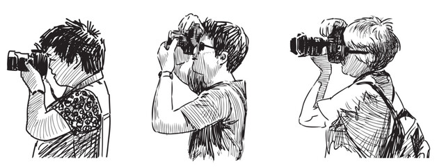 Sketches of profile different people taking photo on camera,vector hand drawings isolated on white - obrazy, fototapety, plakaty
