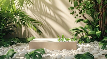 Beautiful natural scenery of the sand with green leaves and white gravels. Empty square podium for product displayed. Stage showcase on minimal podium  