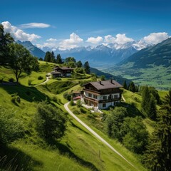 Fototapeta na wymiar Swiss Alpine Village nestled in the picturesque mountains of Switzerland, surrounded by lush green meadows, towering peaks, and a scenic landscape under the summer sky