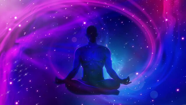 Silhouette motion graphic of a man figure meditating at the heart of a celestial galaxy, enlightenment, manifesting positive thoughts