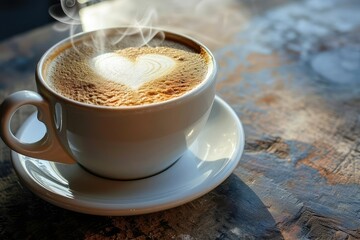 A cup of steaming hot coffee with a heart-shaped foam art withcopy space.