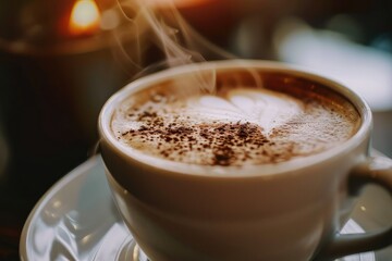 A cup of steaming hot coffee with a heart-shaped foam art withcopy space.