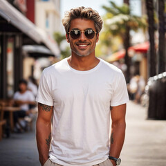 White T-Shirt Mockup Template with a Handsome Man Walking on the Street on a Summer Day. Trendy Stylish Outdoor Photography. Perfect for Online Shops, Portfolios and Social Media Marketing