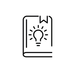 abstract black icon with thin line book and light bulb. concept of business literature publishing or bookstore pictogram. linear trend modern brochure info logotype design element isolated on white