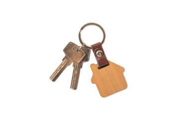 House keys with a keychain in the shape of a house isolated on white background.Design element.Real estate and insurance concept.Copy space. Rent, sale or purchase of real estate.