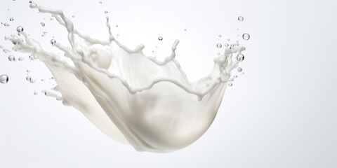 Banner with Milk being poured into a glass, A dynamic splash of milk or white colour against a white backdrop, capturing a lively interplay of light and fluid shapes