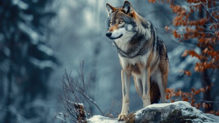 In a snowy forest, a majestic grey wolf stands tall on a rocky ledge, its piercing gaze fixed on its surroundings, infrared photography, van gogh style 