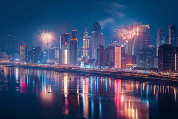 Fototapeta na wymiar Cityscape with light show and firework celebration. Firework show celebrating Chinese new year