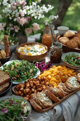 Easter breakfast in a picturesque garden setting. The picnic blanket features eggs, fresh bread, fresh salads and other snacks.