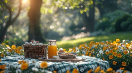 A picnic blanket with fresh juice and a basket with eggs in the spring garden with colorful flowers - obrazy, fototapety, plakaty
