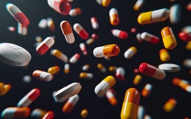 Colorful pills falling on black background
