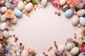 Naklejka na ściany i meble Pastel easter eggs on soft pink background surrounded by flowers, top view, copy space