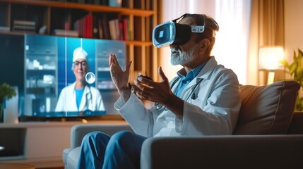 using virtual reality at home for a doctor's examination, a 3D hologram of a doctor and medical equipment appearing in his living room - obrazy, fototapety, plakaty