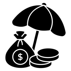 Money with umbrella, icon of financial insurance