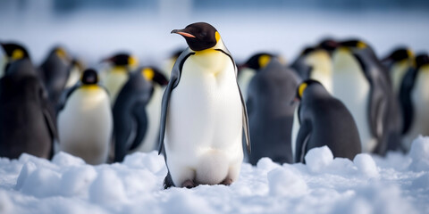 Emperor penguin (Aptenodytes forsteri) in the icy landscapes of Antarctica with blurred background