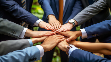  group of business people place their hands together in a symbol of teamwork and unity